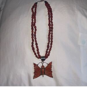 Authentic Native Made Coral Butterfly Pendant Necklace